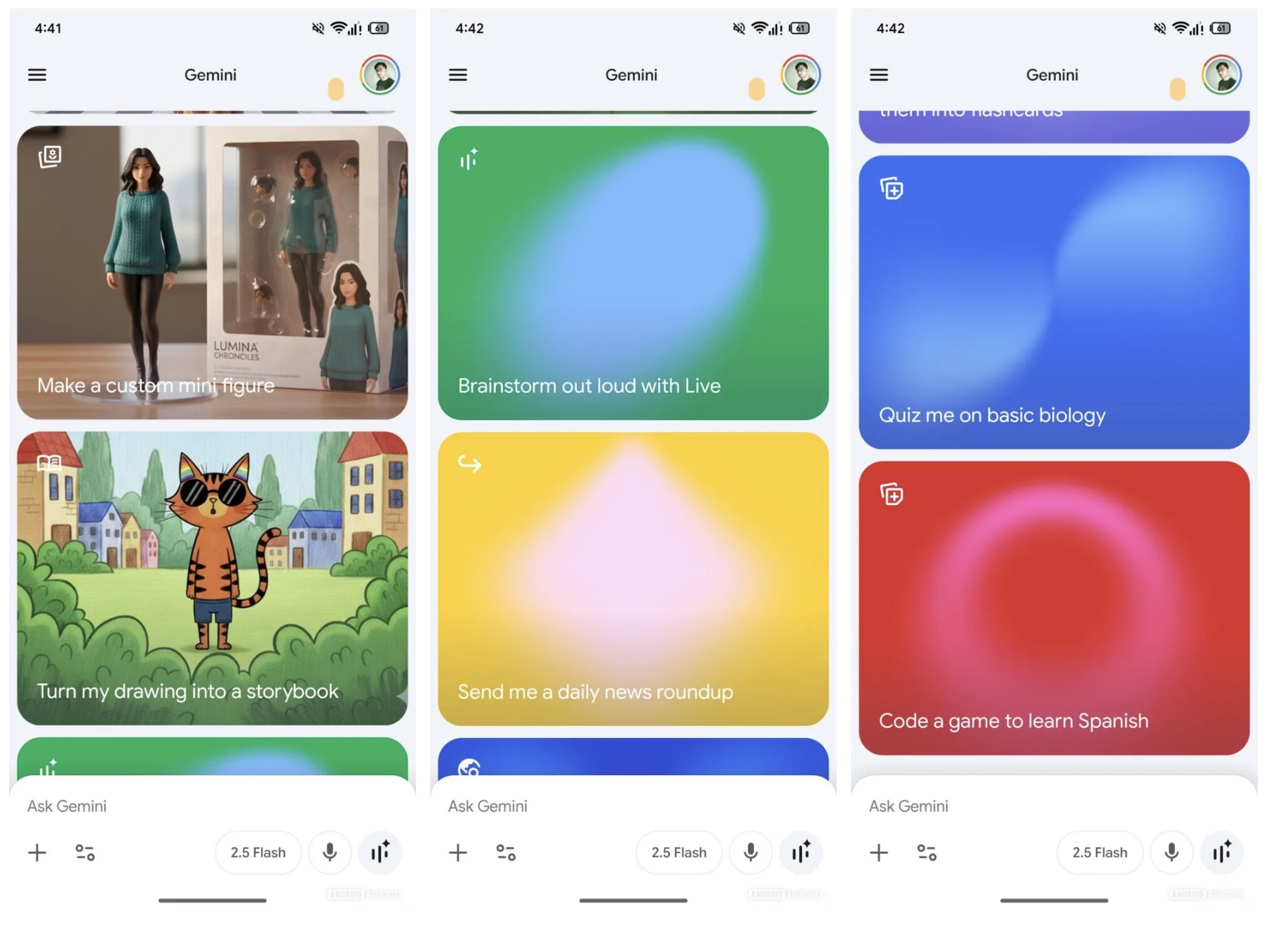 screenshots showing gemini's new interface with colorful prompts and images