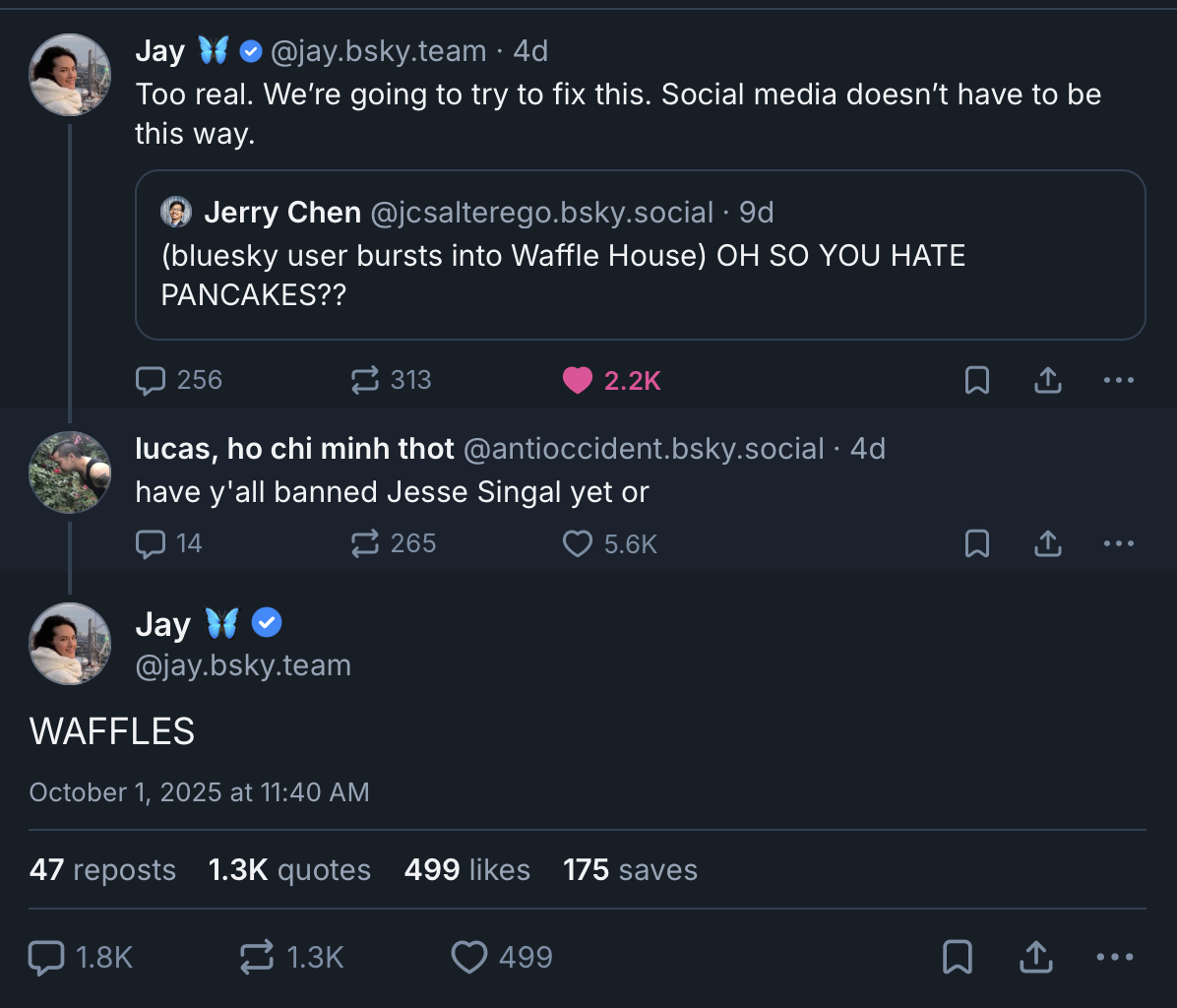 A screenshot of an exchange on Bluesky, concluding with CEO Jay Graber writing, "WAFFLES!"