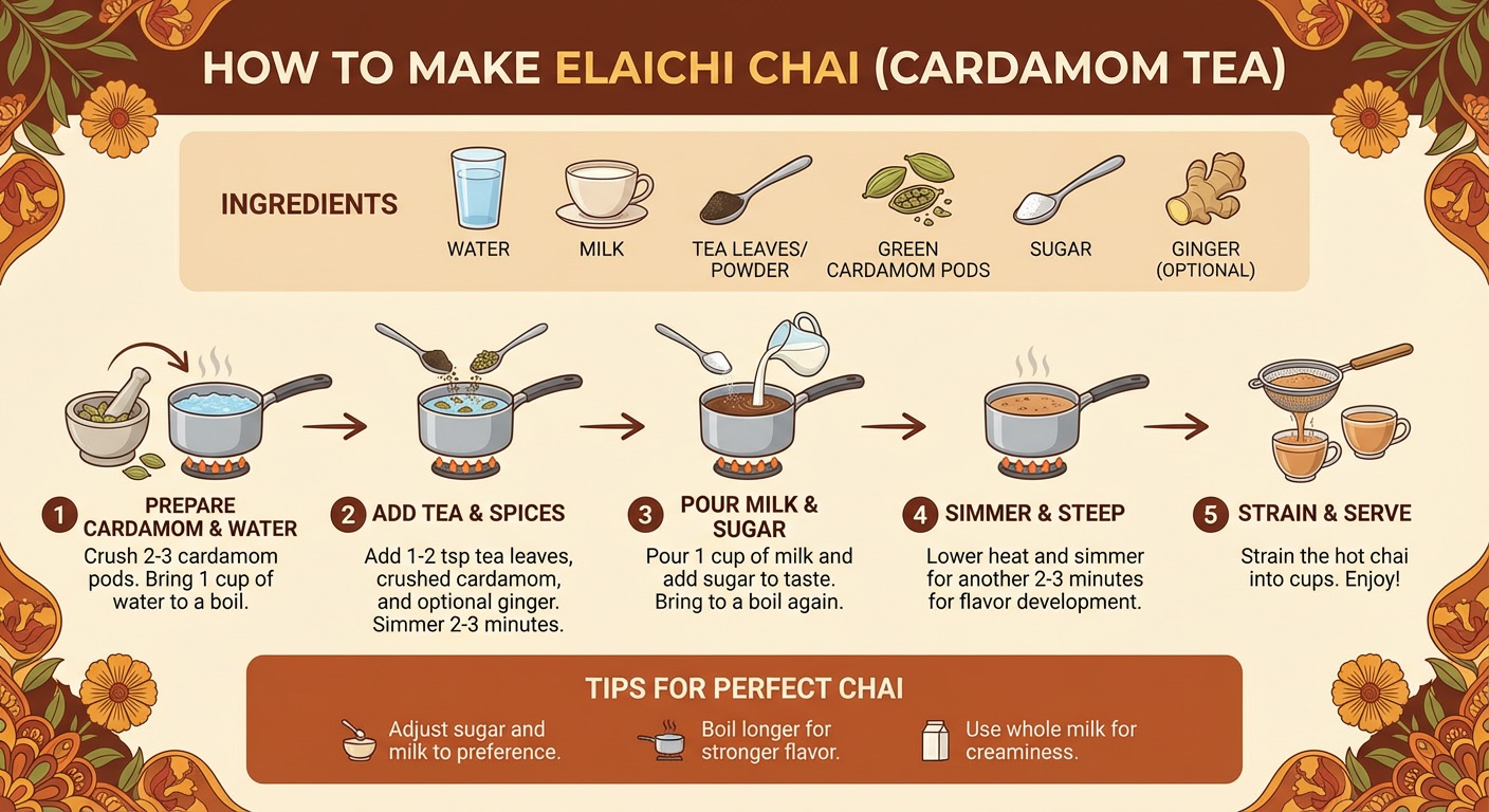 An image generated by Google's Nano Banana Pro model, which shows an infographic describing how to make elaichi chai.