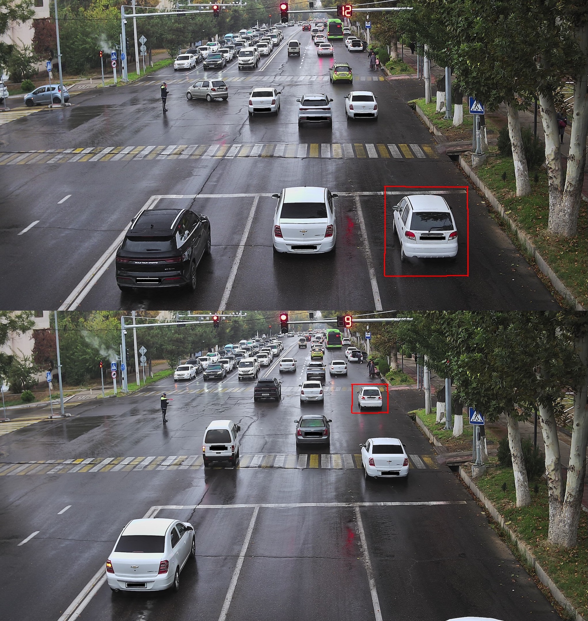 two photos, one on top of the other, both showing cars and vehicles passing a license plate reading surveillance camera at a busy intersection in Tashkent