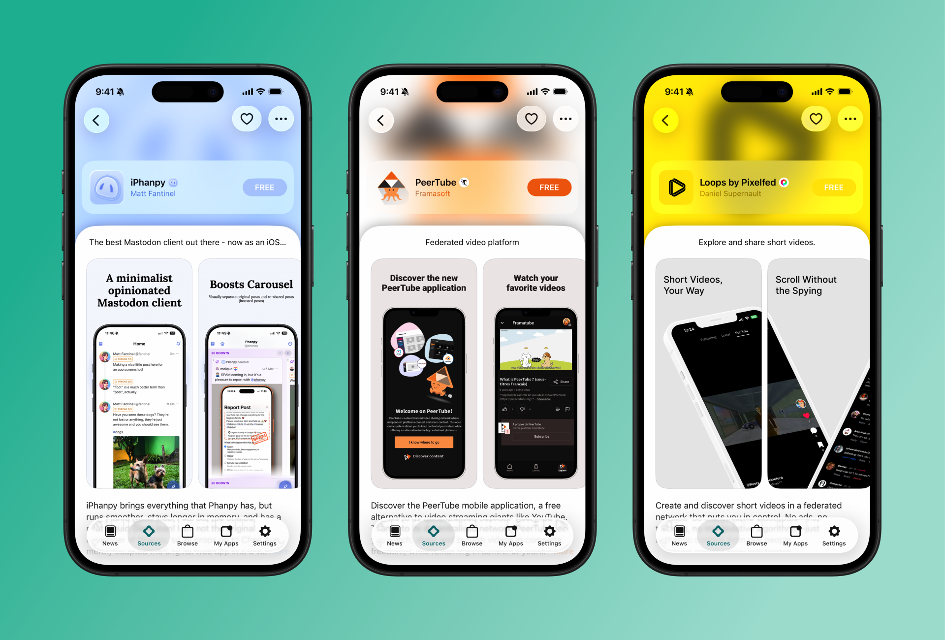 AltStore PAL on three smartphone screens