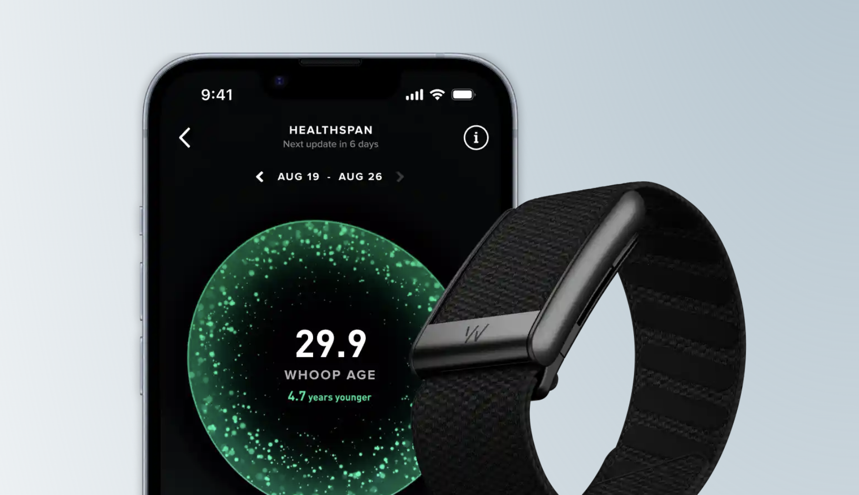 Whoop band and app displayed on smartphone screen