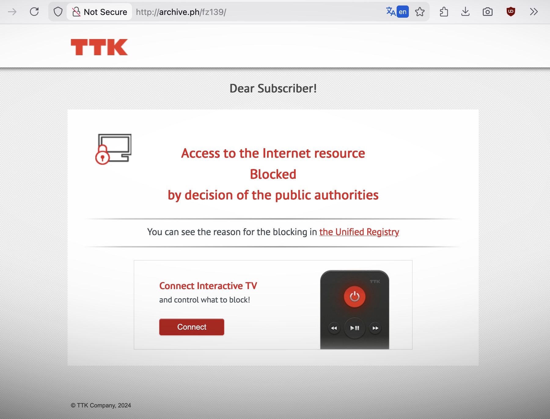 a screenshot showing Archive.today blocked, attributing the block to Russian authorities.