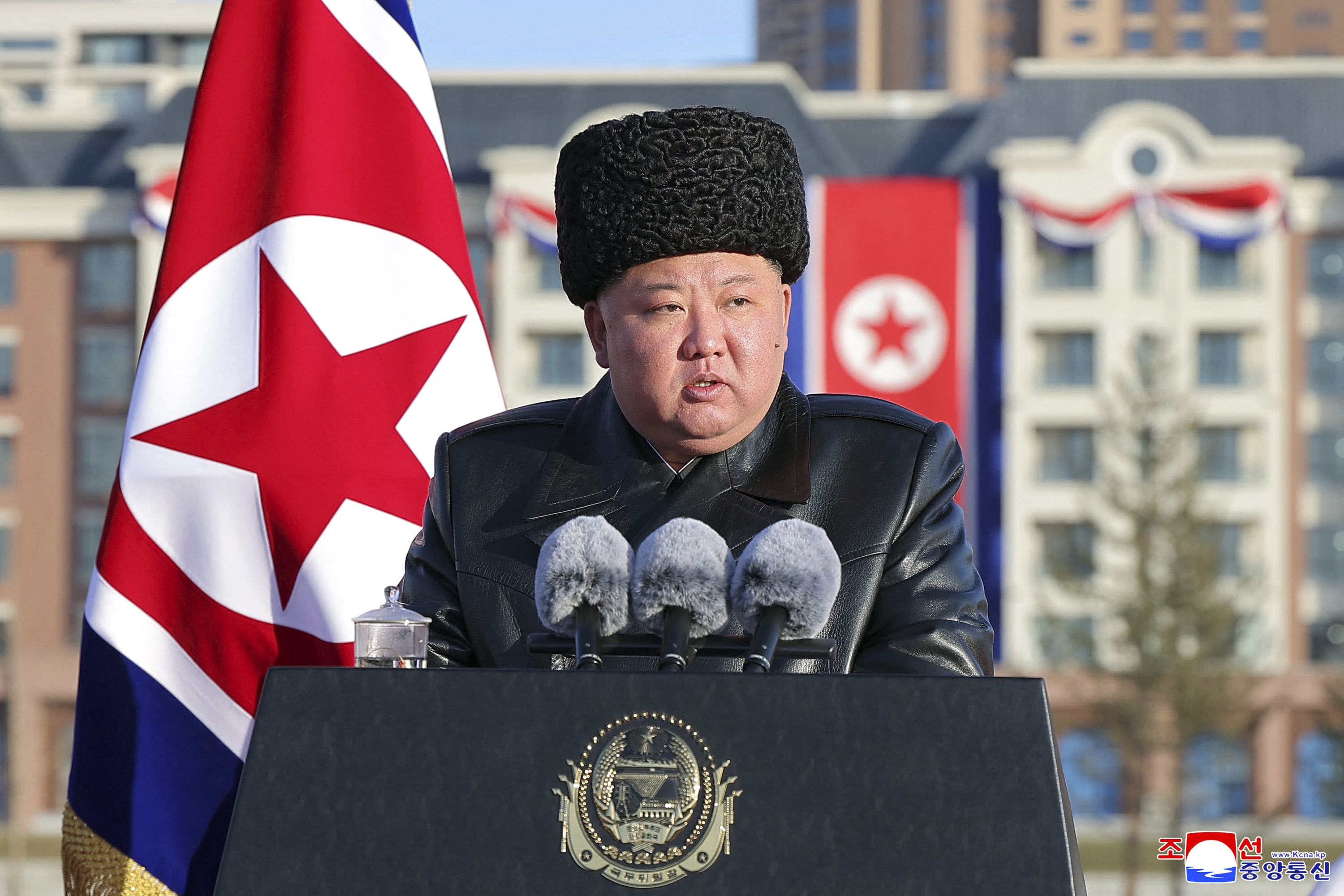 North Korean leader Kim Jong Un delivering a speech at the inauguration ceremony of Saeppyol Street in Pyongyang.