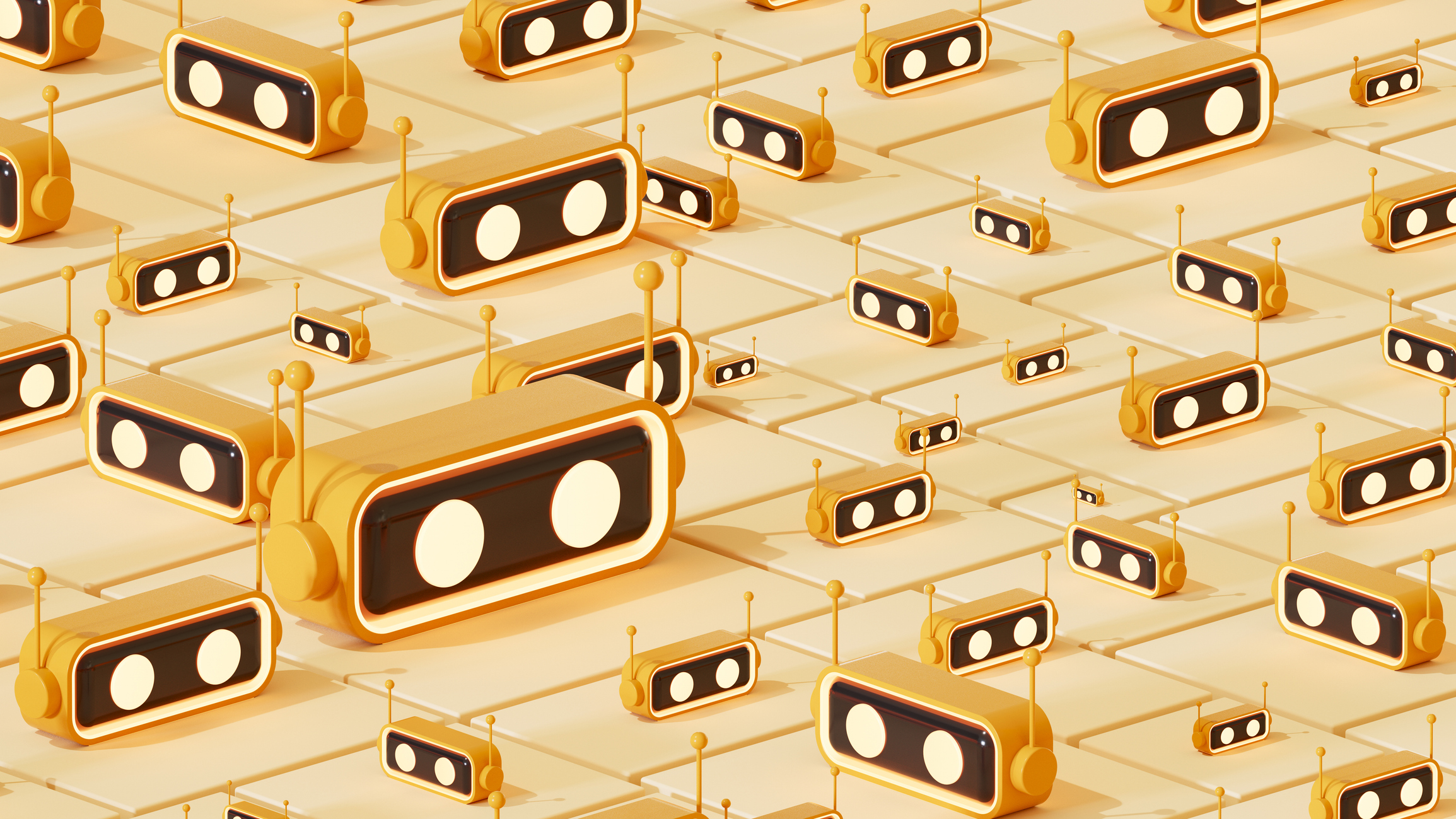 A digitally generated image showing several AI chatbot assistants standing on a segmented or sliced floor surface, symbolizing the distributed and modular nature of artificial intelligence systems. This futuristic and conceptual design reflects the scalability, communication, and parallel functionality of AI-powered virtual assistants.