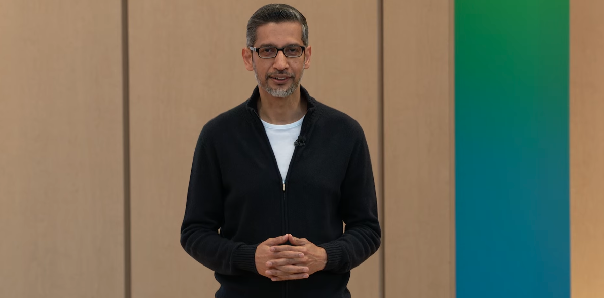 Google CEO Sundar Pichai presenting on stage at Google IO 2026