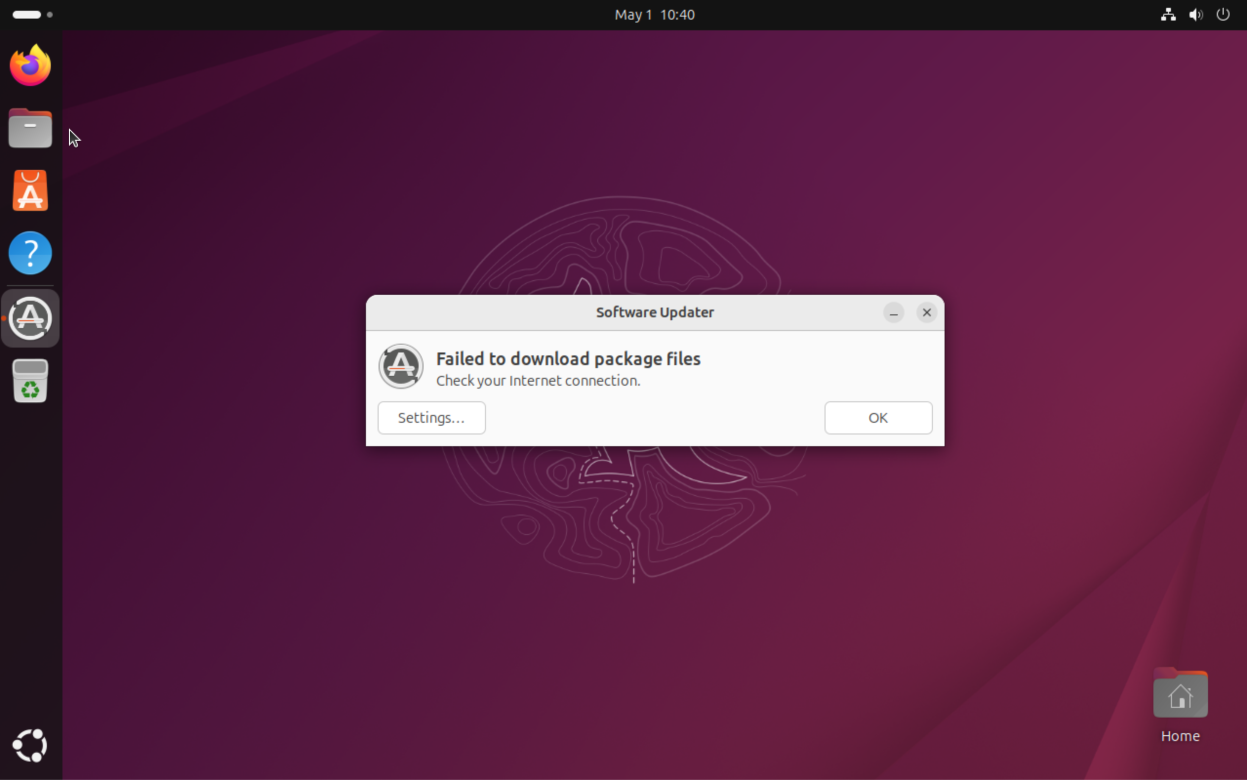 A screenshot showing that an attempt to update the Ubuntu operating system failed, amidst a DDoS attack targeting the Linux-based operating system.