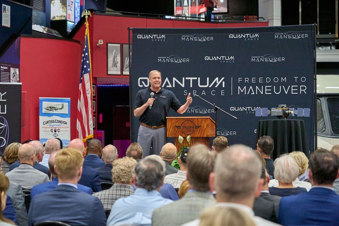 Quantum Space CEO Jim Bridenstine speaks at a company event.