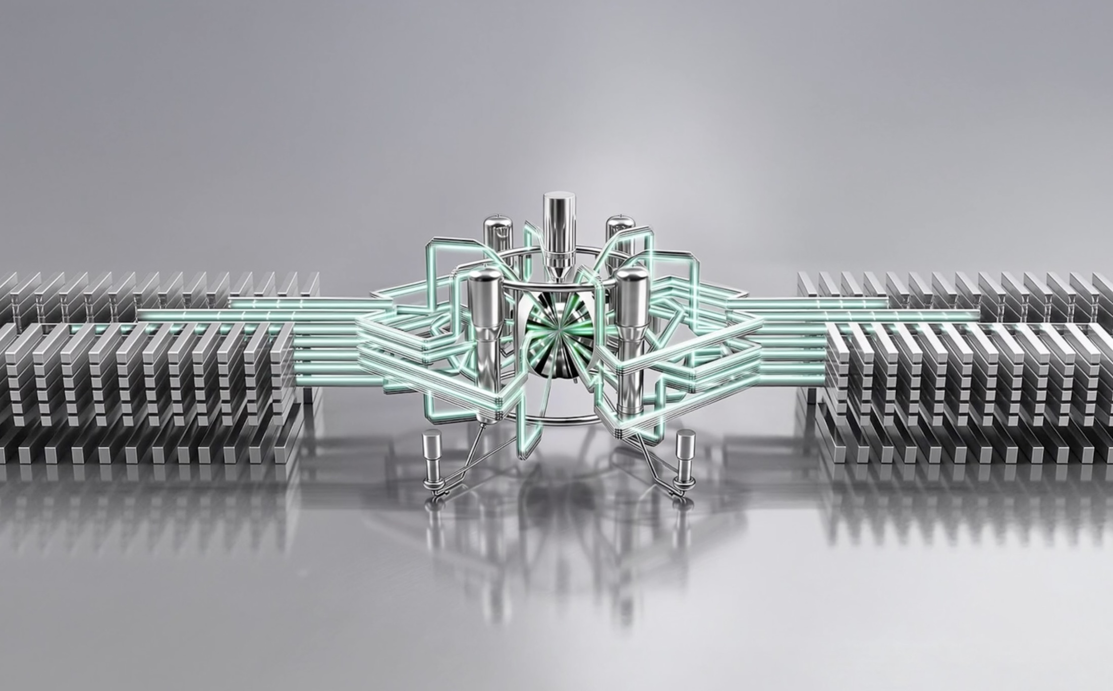 Illustrated lasers shoot into a fusion reaction chamber.