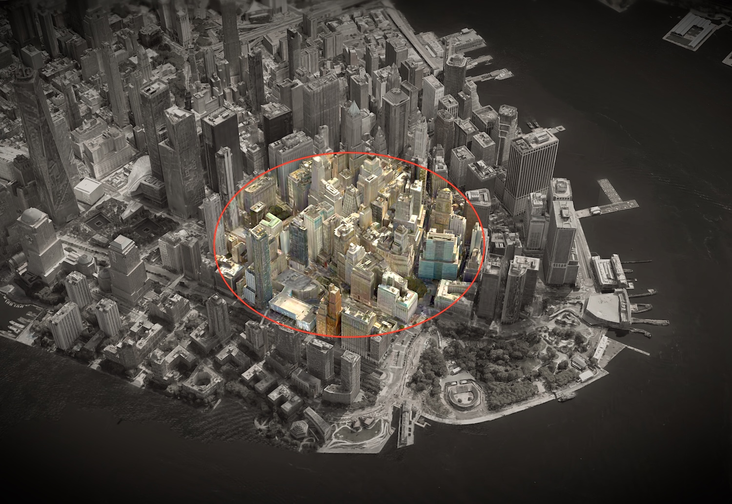 a 3D aerial photo of lower Manhattan, darkened, showing a ring over a radius across the city, showing a geofence warrant.