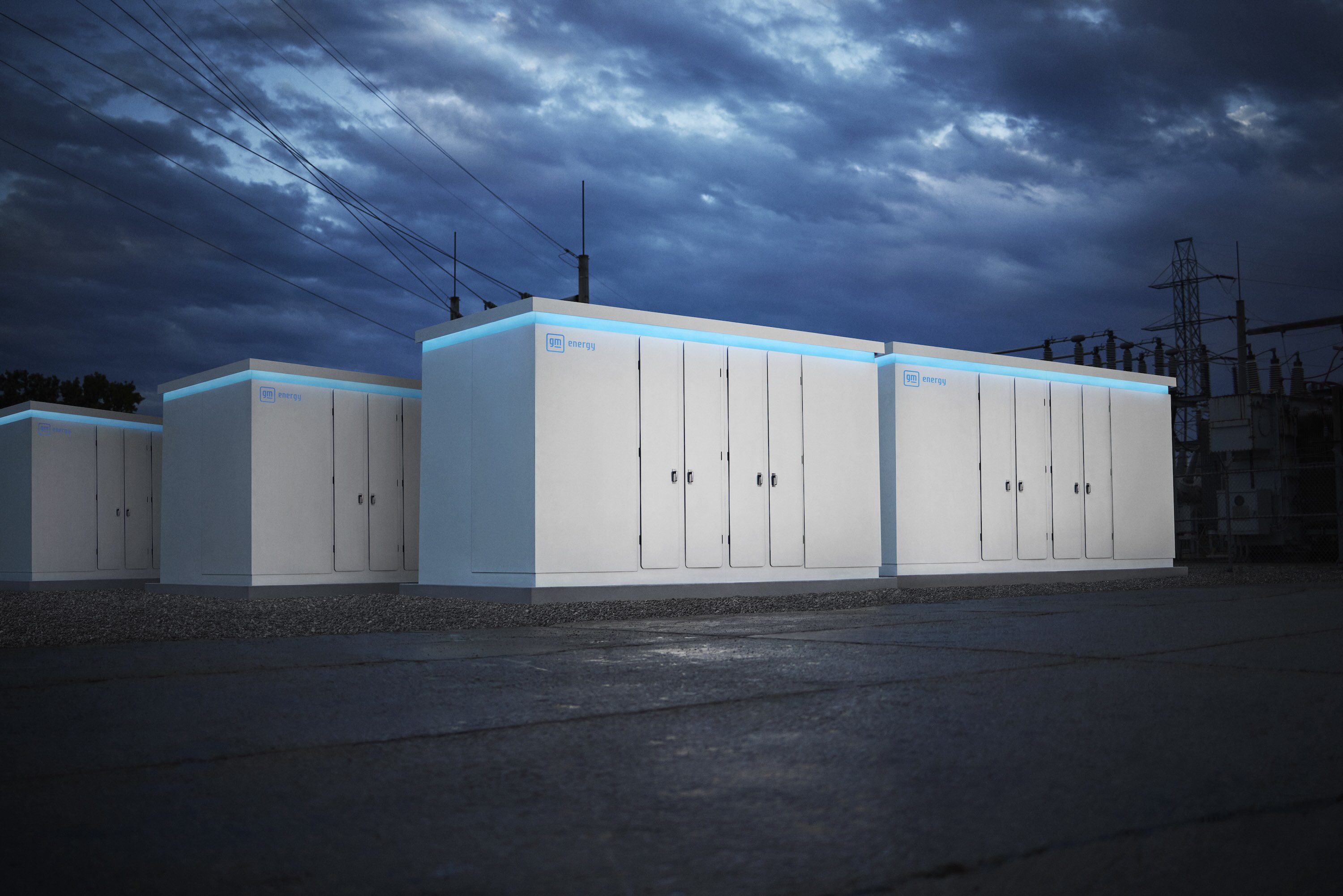 Battery packs from GM rendered against a darkened sky.
