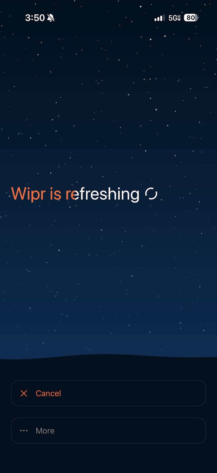 a screenshot of the Wipr app on iOS updating, with the words: "Wipr is refreshing" on screen