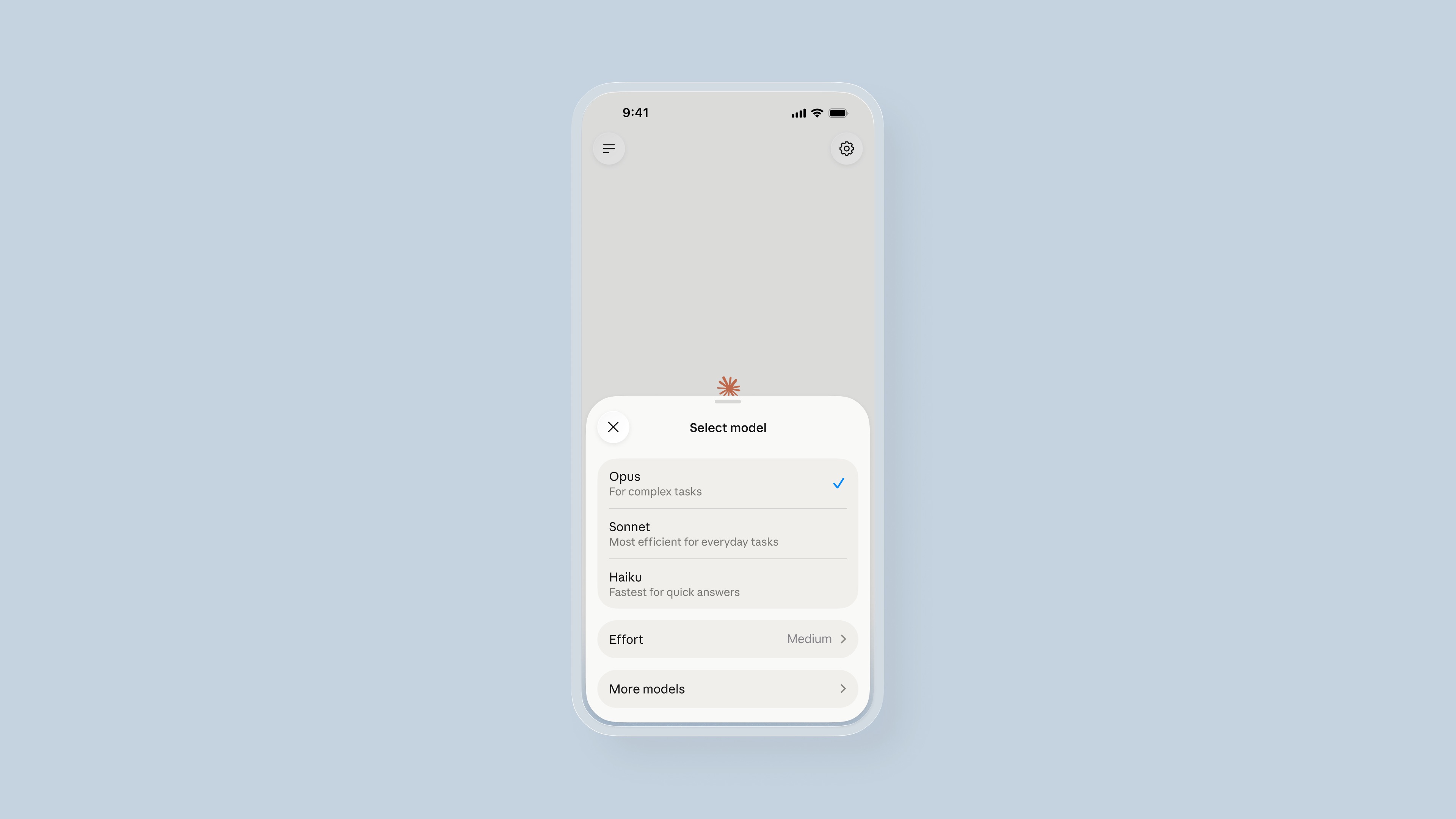 Screen shows Claude Voice 2's new model picker menu