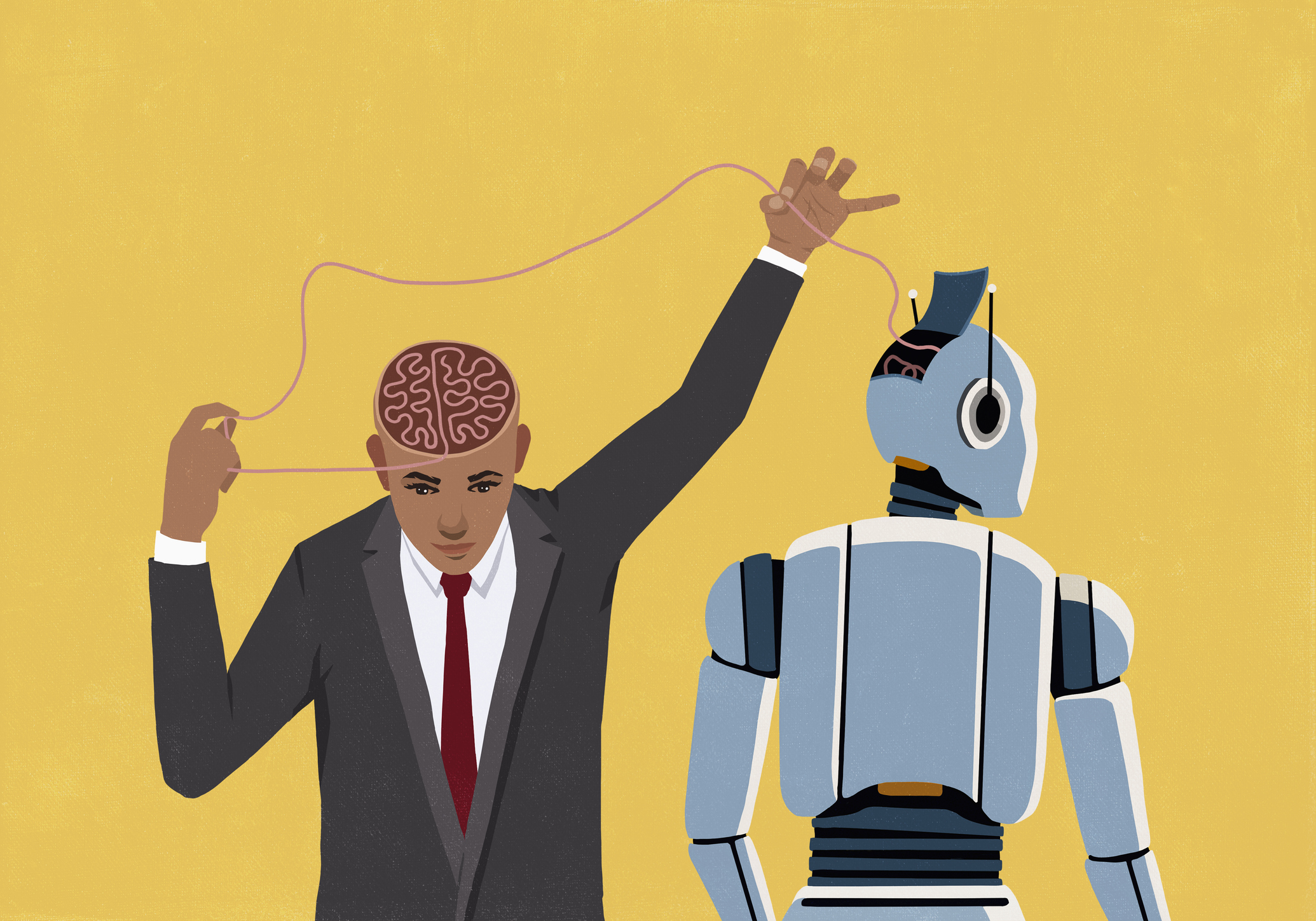 Businessman pulling at thread connecting his brain and open head of AI robot on yellow background