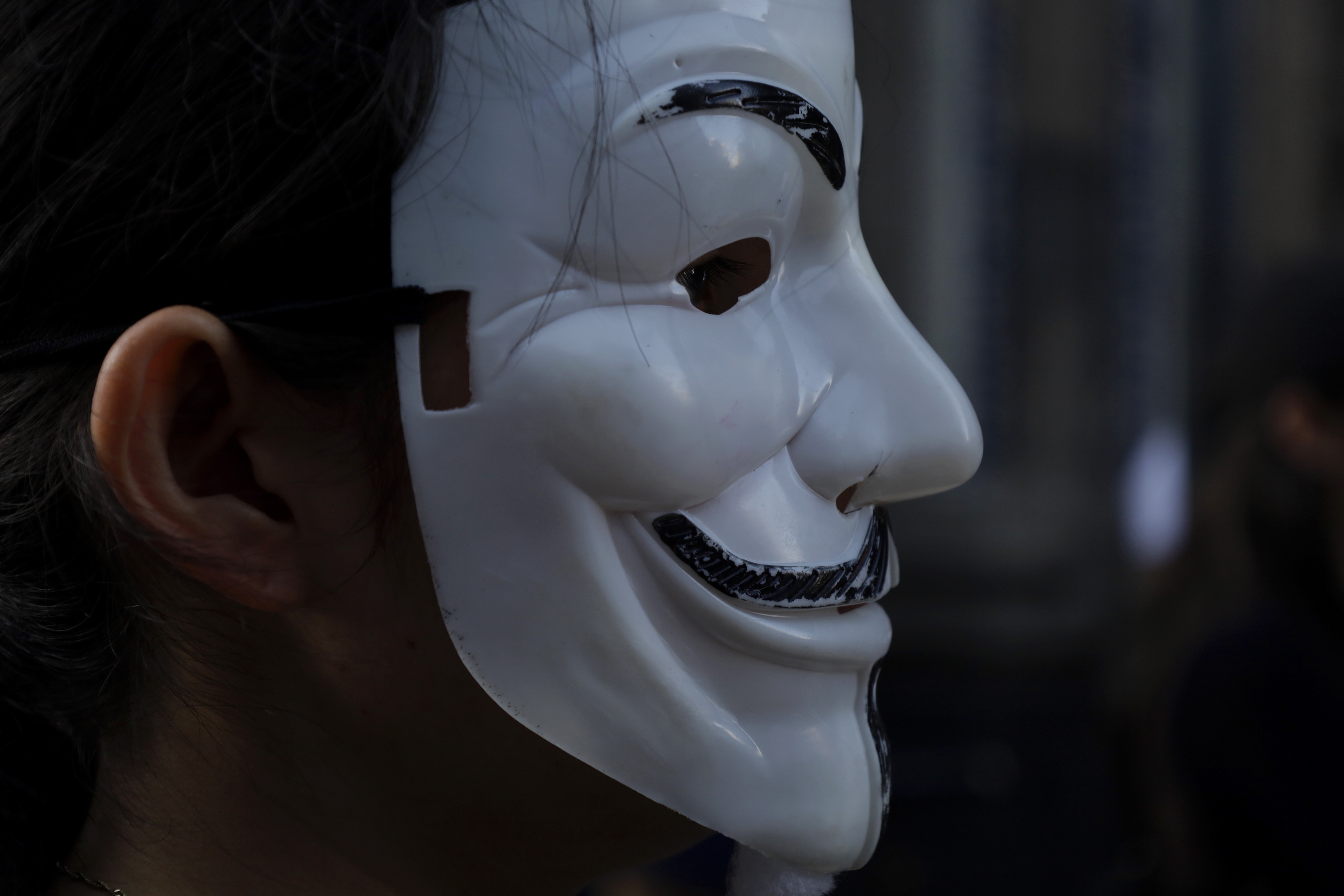 A member of the international organisation Anonymous for the Voiceless wears a Guy Fawkes mask while demonstrating in the streets of Mexico City's Historic Center.