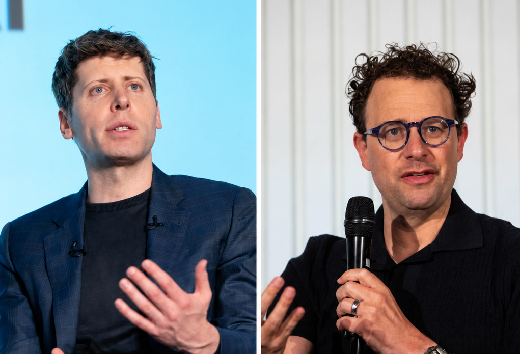 A split screen of OpenAI's CEO Sam Altman and Anthropic's CEO Dario Amodei.